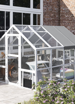 Wooden Catio Outdoor Cat Enclosure with Waterproof Cover, 2 Condos, 6 Platforms, Bridge, Doors, White