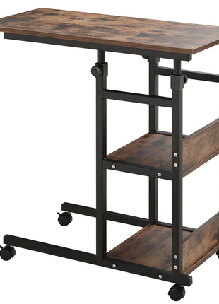 Industrial C-Shaped Mobile Rolling Sofa Side Table with 3-Tier Storage Shelving, Adjustable Height, & Wheels