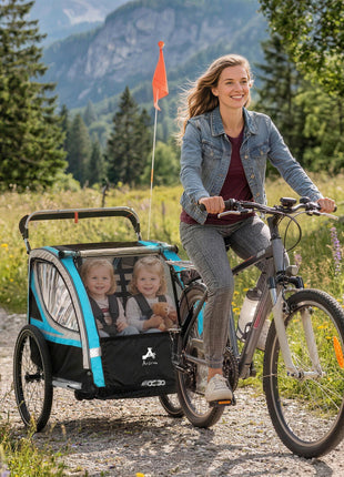 3-in-1 Bike Trailer for Kids, Running Stroller with 2 Seats, Jogging Cart with 5-Point Harness, Storage Units, Blue