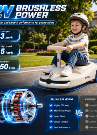 12V Electric Wiggle Car with Convertible Steering Wheel Pull Handle, 2 Speed, Music, Lights for 3-5 Years, White