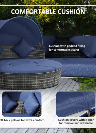 4-piece Cushioned Outdoor Rattan Wicker Sunbed or Conversational Sofa Set with Sun Canopy, Dark Blue