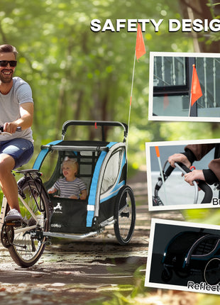 3-in-1 Bike Trailer for Kids, Running Stroller with 2 Seats, Jogging Cart with 5-Point Harness, Storage Units, Blue