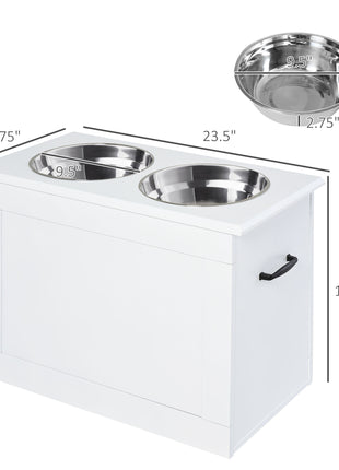 Raised Pet Feeding Storage Station with 2 Stainless Steel Bowls Base for Large Dogs and Other Large Pets, White