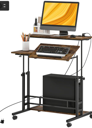 Adjustable Standing Desk with Power Outlets, Stand Up Desk with Tiltable Tabletop, Wheels, Shelf, for Home Office, Brown