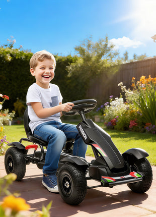 Kids Pedal Go Kart, Outdoor Ride on Toys with Adjustable Seat, Sharp Handling, Handbrake, 4 Non-Slip Rubber Wheels for Boys & Girls Aged 5-12 Years Old, Black