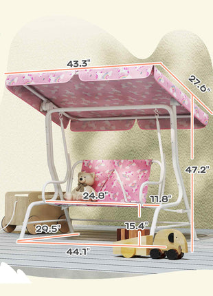 Kids Porch Swing, 2-Seater Patio Swing Bench with Safety Belts, Adjustable Canopy for Backyard, Garden, Pink