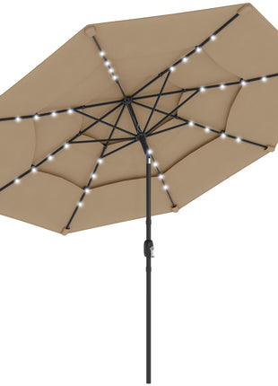 9.7 ft Outdoor Patio Umbrella with Solar LED Lights, 3 Tier Outdoor Table Umbrella with Tilt, Crank, Khaki