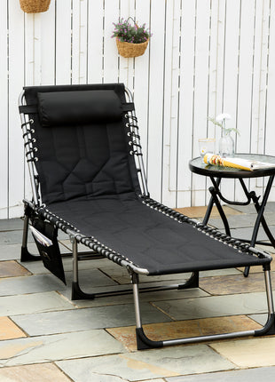 Padded Folding Chaise Lounge Chair, Outdoor 6-Level Reclining Camping Tanning Chair with Headrest for Beach, Yard, Patio, Pool, Black