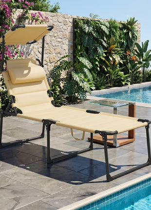 Outdoor Lounge Chair, 4 Position Adjustable Backrest, Folding, Cushioned w/ Sun Shade Roof & Pillow, Cream White