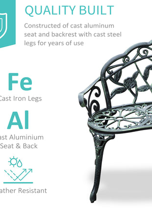 Outdoor Bench, Cast Aluminum Outdoor Furniture, Metal Bench with Floral Rose Accent & Antique Finish, Green