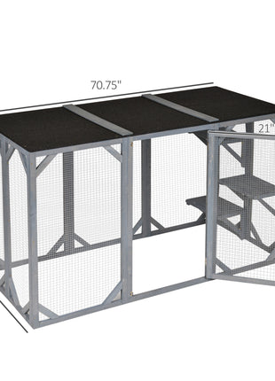 71" x 32" x 44" Large Wooden Outdoor Cat Enclosure Catio Cage With 3 Platforms, Gray
