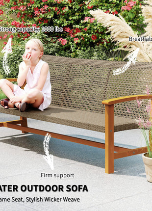 3-Seat Wicker Outdoor Couch Patio Sofa, Acacia Wood Patio Furniture with Steel Seat Armrests, 1000 LBS Capacity, Teak