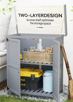 Outdoor Storage Cabinet, Garden Tool Shed with Metal Tabletop and Shelf, Wooden Potting Bench with 2 Doors, Gray