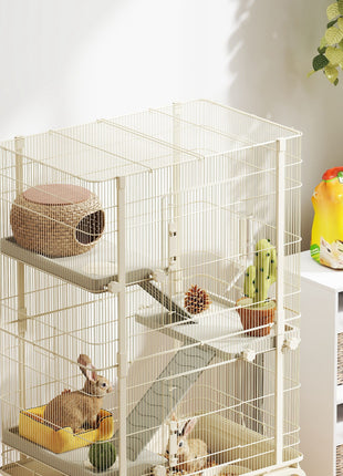 47" Small Animal Cage, 4 Levels Large Rolling Metal Ferret Cage w/ 5.9" Deep Tray, Ramps, Water Bottle, Food Dish, Beige