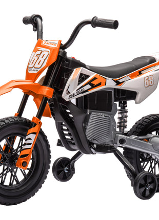 12V Kids Electric Motorcycle w/ Twist Grip Throttle, Training Wheels, Rear Suspension & Music, Orange