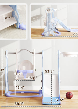 4 in 1 Toddler Slide and Swing Set for Ages 1.5-4, Toddler Playset Playground with Climber, Basketball Hoop, Light Blue