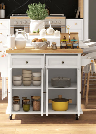 Kitchen Island on Wheels, Rolling Cart with Rubberwood Top, Spice Rack, Towel Rack and Drawers, Cream White
