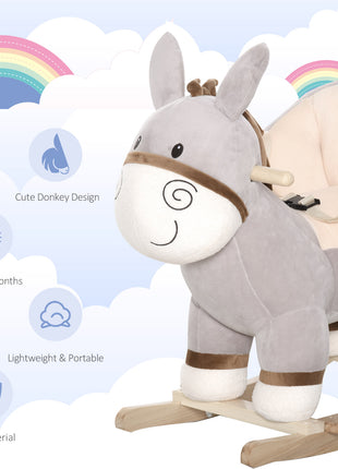 Kids Rocking Chair, Plush Ride On Rocking Horse Donkey with Sound, Wood Base Seat, Safety Belt, Baby Toddler Rocker Toy for 18 - 36 Months, Gray