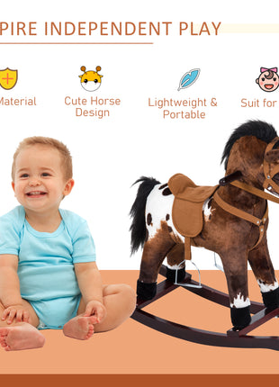 Kids Wooden Plush Ride-On Rocking Horse Chair Toy with Realistic Sounds Dark Brown/White