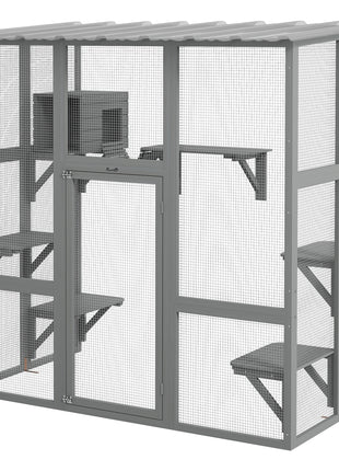 Catio Outdoor Cat Enclosure, Window Box Wooden Cat House with Bridge Platforms, Gray