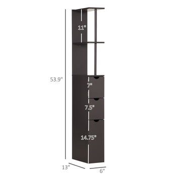 54" Tall Bathroom Storage Cabinet, Freestanding Linen Tower with 2-Tier Shelf and Drawers, Narrow Side Floor Organizer, Brown