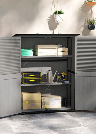 Wood Storage Shed, Outdoor Garden Shed with Asphalt Roof, 2 Shelves, Lockable Doors and Adjustable Feet, Gray