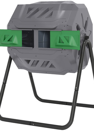Tumbling Compost Bin Outdoor 360° Dual Chamber Rotating Composter 43 Gallon, Light Gray