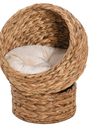 Handwoven Elevated Cat Bed with Soft Cushion & Egg Chair Shape, Basket Bed Kitty House with Stand, Raised Wicker House for Indoor Cats, 23.5" H, Light Brown