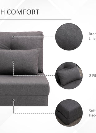 Convertible Flip Chair, Floor Lazy Sofa, Folding Upholstered Couch Bed with Adjustable Backrest, Metal Frame and Pillows for Living Room Bedroom, Dark Gray