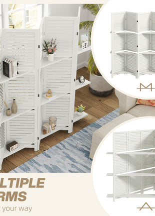 5 Panel 67" Tall Wood Privacy Screen Room Divider with 3 Shelves and Folding Storage for Bedroom, White
