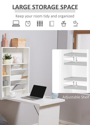 Wall Mounted Fold Out Convertible Desk, Multi-Function Floating Desk with Storage Shelf for Home Office, White