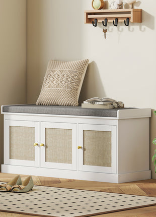 Shoe Storage Bench with Woven Rattan Doors, Shoe Bench with Cushion, Adjustable Shelves, Entryway Bench, White
