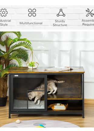 Wooden Cat Crate, Furniture Style Dog Cage, Puppy Kennel Indoor, End Table Pet House with Cushion and Sliding Doors, Rustic Brown