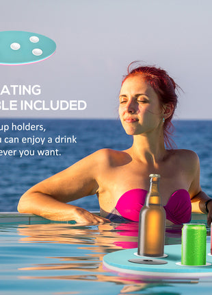 12' x 5' Lily Pad Floating Mat with Cup Holder Table, 3-Layer Portable Roll-Up Water Mat Float Dock for 2-3 People, on Lake, River, Beach, Swimming Pool, Pink