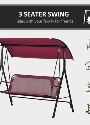 3-Person Porch Swing with Stand, Outdoor Swing for Patio Porch with Adjustable Tilt Canopy and Comfortable Swing Bench-Style Seat, Steel Frame, Wine Red
