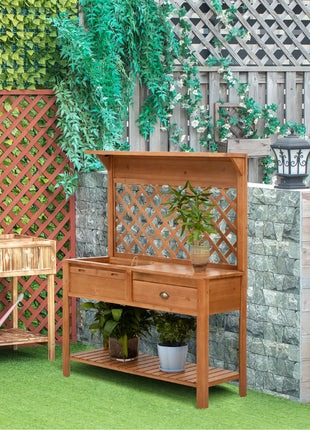 Garden Potting Bench, Outdoor Wooden Workstation Table w/ Metal Screen, Drawer, Hooks, Storage Shelf, and Lattice Back for Patio, Backyard and Porch