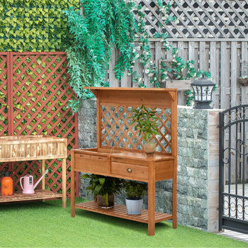 Garden Potting Bench, Outdoor Wooden Workstation Table w/ Metal Screen, Drawer, Hooks, Storage Shelf, and Lattice Back for Patio, Backyard and Porch