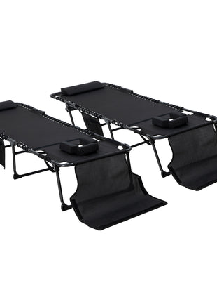 2 Piece Folding Chaise Lounge Pool Chairs with 5-level Reclining Back, Reading Hole, Side Pocket, Black