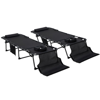 2 Piece Folding Chaise Lounge Pool Chairs with 5-level Reclining Back, Reading Hole, Side Pocket, Black
