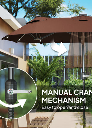 Double-sided Outdoor Patio Umbrella with Solar Lights and Base, Dining Table Umbrella Push Button Tilt, Coffee