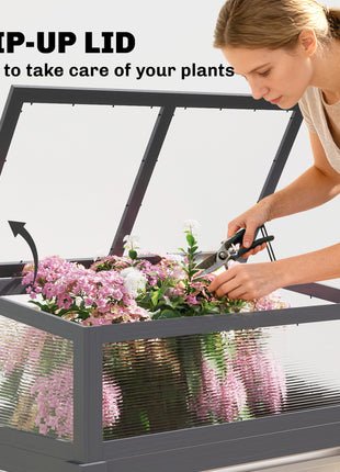 Raised Garden Bed with Flip-Up Mini Greenhouse, Elevated Planter Box with Legs and Bed Liner for Flowers, Vegetables
