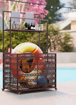 Wicker Pool Float Storage Organizer, PE Rattan Pool Float Holder with Basket Shelf Towel Bars, Rolling Pool Caddy for Floaties, Noodles, Life Vests, Beach Balls, Mixed-Brown