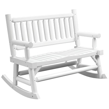 2-Person Wood Rocking Chair with Log Design, Heavy Duty Loveseat with Wide Curved Seats for Patio, Backyard, Garden, White