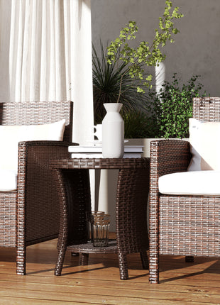 18" Wicker Outdoor Coffee Table, PE Rattan Patio Side Table with 2-Tier Storage, Composite Wood Top, Mixed Brown
