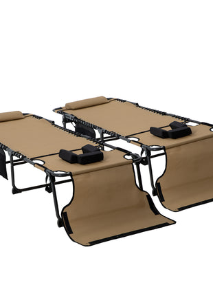 2 Piece Folding Chaise Lounge Pool Chairs with 5-level Reclining Back, Reading Hole, Side Pocket, Beige