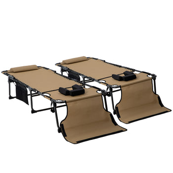 2 Piece Folding Chaise Lounge Pool Chairs with 5-level Reclining Back, Reading Hole, Side Pocket, Beige