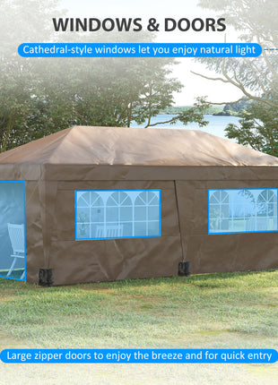 10' x 19.5' Pop Up Canopy Tent Height Adjustable Event Shelter w/ Sidewalls, Leg Weight Bags, Wheeled Carry Bag, Brown