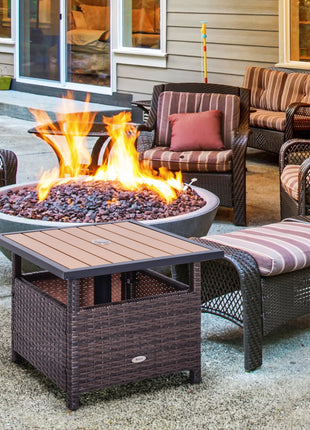 22" Outdoor Side Table with Umbrella Hole, Rattan Wicker End Table with Sand Bag and Steel Frame for Patio, Garden, Backyard, Brown & Light Yellow