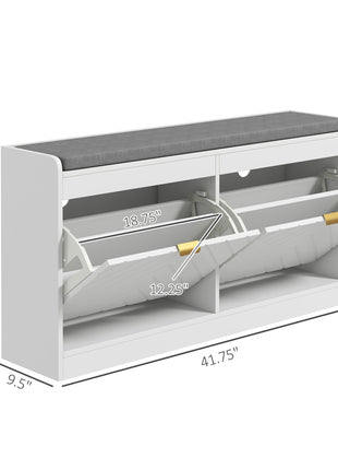 Narrow Storage Bench, Upholstered Entry Way Bench, Shoe Rack Bench with 2 Flip Drawers, 2 Vents for 8 Pairs of Shoes