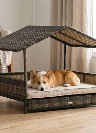 Wicker Dog House Outdoor with Canopy, Rattan Dog Bed with Water-resistant Cushion, Raised Dog Bed for Small, Medium Dogs up to 66 lbs, 19.75" in Length, Brown Wicker, White Cushion
